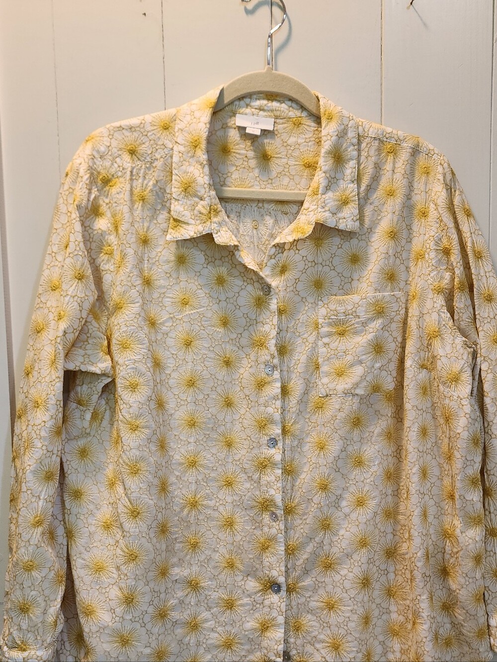 J Jill Yellow Embroidered  Daisy Print Button-Up Shirt 2X